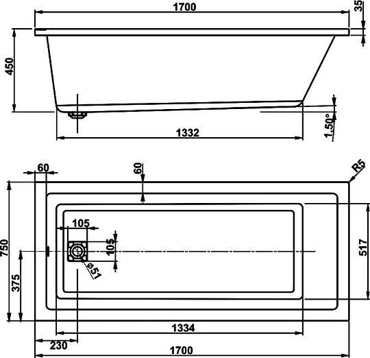 Акриловая ванна Vagnerplast Cavallo 170x75