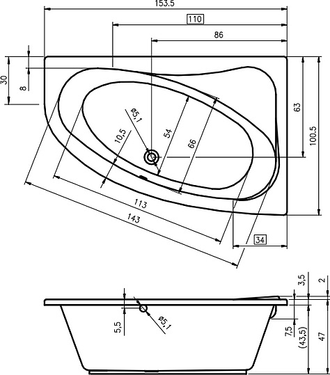 Акриловая ванна Riho Lyra 153x100 L