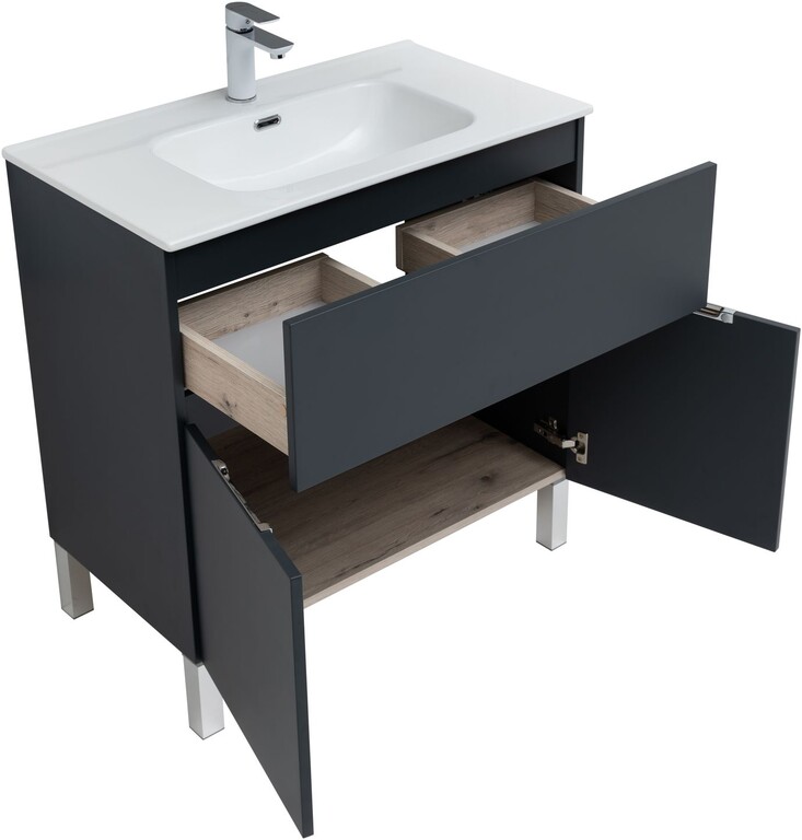 Тумба с раковиной Aquanet Алвита New 80 1 ящик, 2 дверцы, антрацит