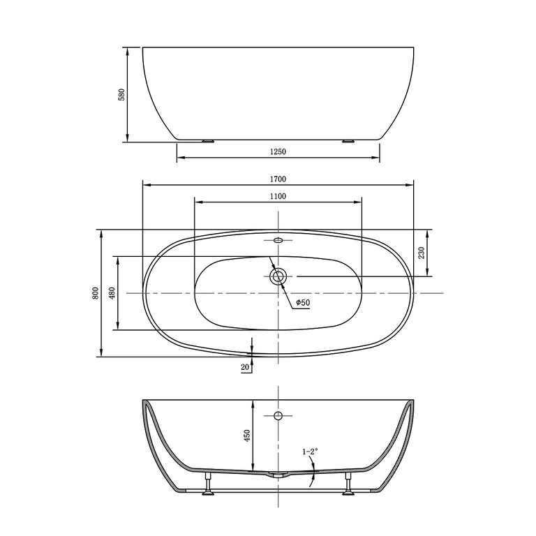 Акриловая ванна Vincea VBT-405-1700MW 170x80