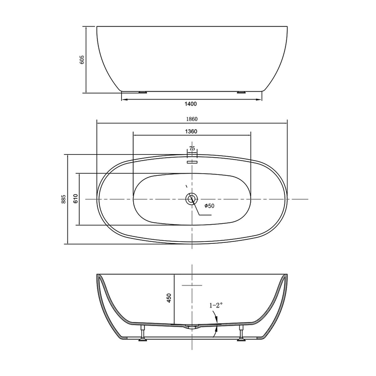 Акриловая ванна Vincea VBT-405-1860 186x88