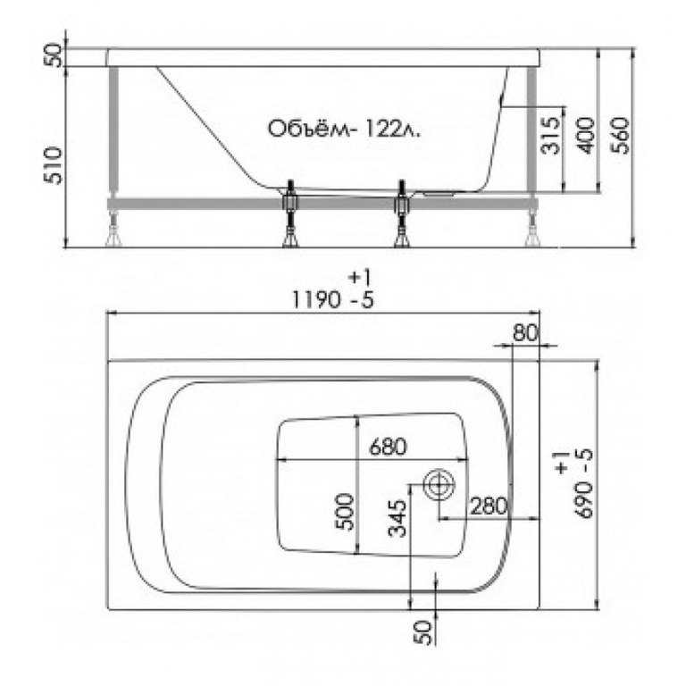 Акриловая ванна 1ACReal Gamma 120x70