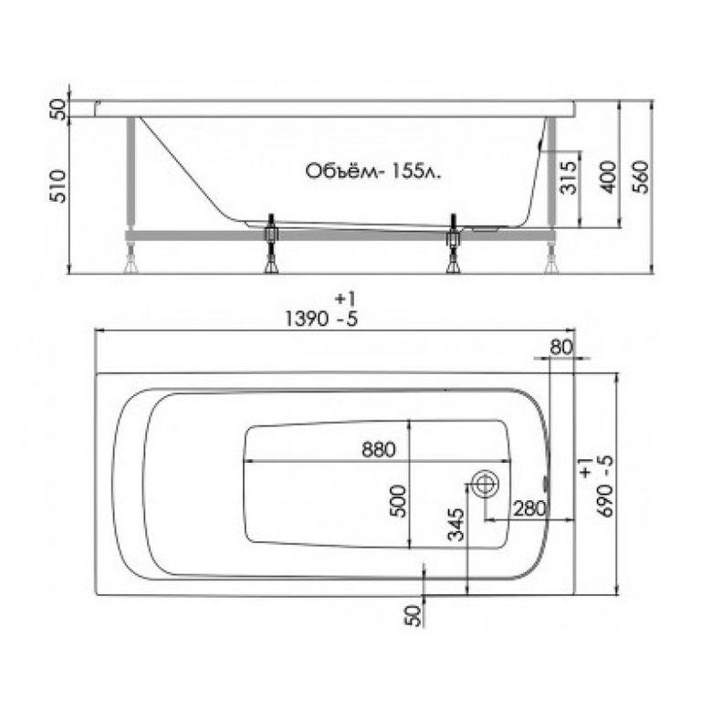 Акриловая ванна 1ACReal Gamma 140x70