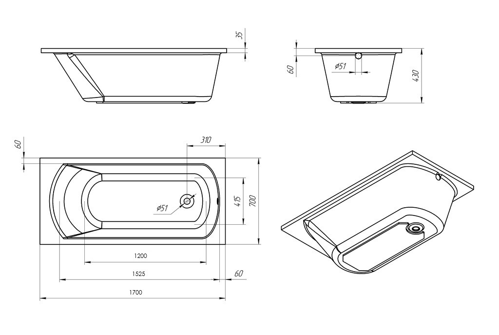 Акриловая ванна Aquanika Base 170x70