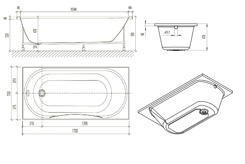 Акриловая ванна Aquanika Form 170x75