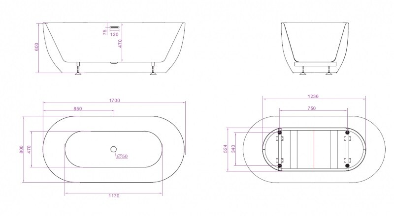 Акриловая ванна BelBagno BB70-1700-800-W/NM 170x80