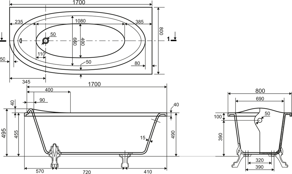 Ванна из искусственного камня Эстет Венеция 170x80 R