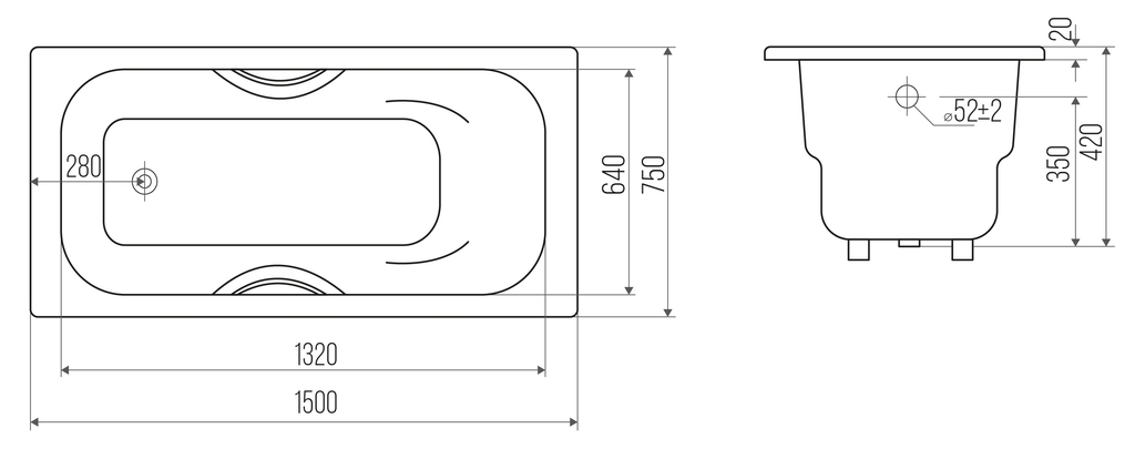 Чугунная ванна Goldman Donni 150x75x42 с ручками