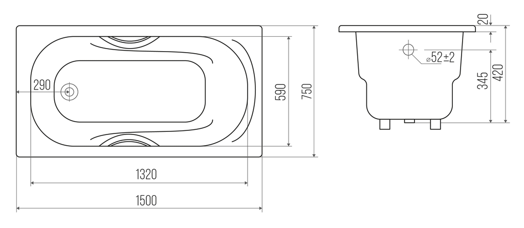 Чугунная ванна Goldman Nova 150x75x42 с ручками