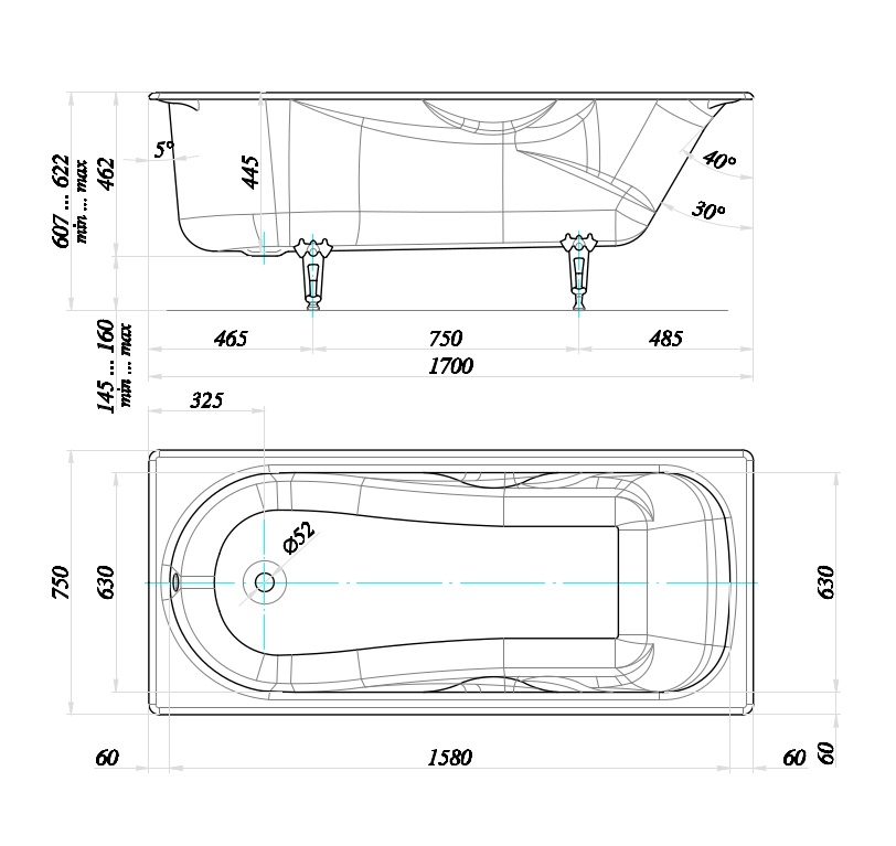 Чугунная ванна Tempra Edge 170x75