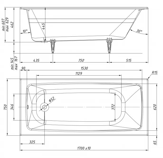 Чугунная ванна Tempra Flow 170x75