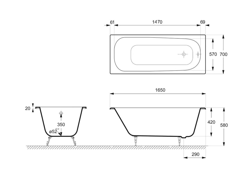 Чугунная ванна Vinsent Veron Concept 165x70x42 с ручками