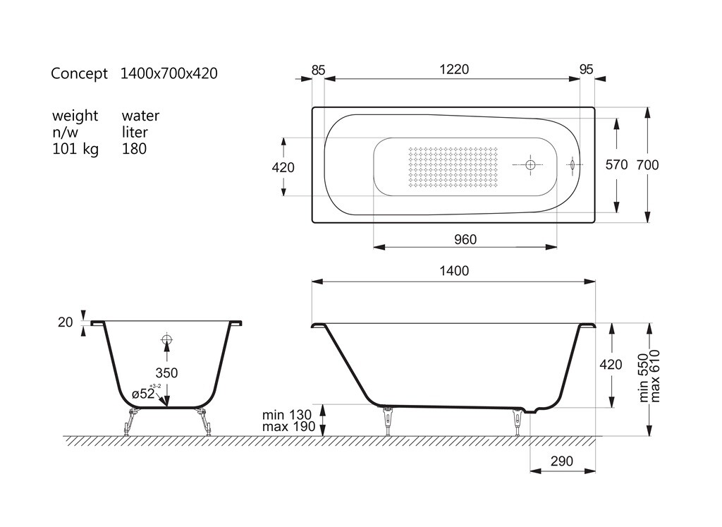 Чугунная ванна Vinsent Veron Concept 140x70x42 а/п