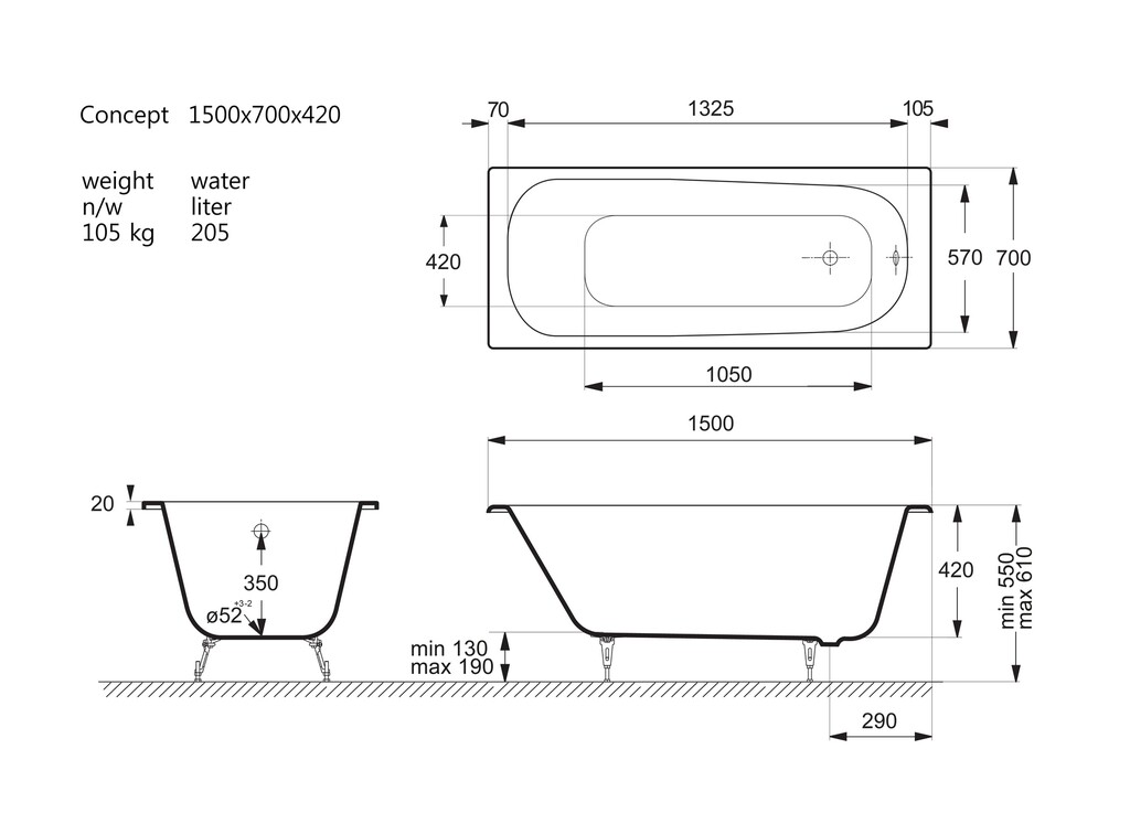 Чугунная ванна Vinsent Veron Concept 150x70x42