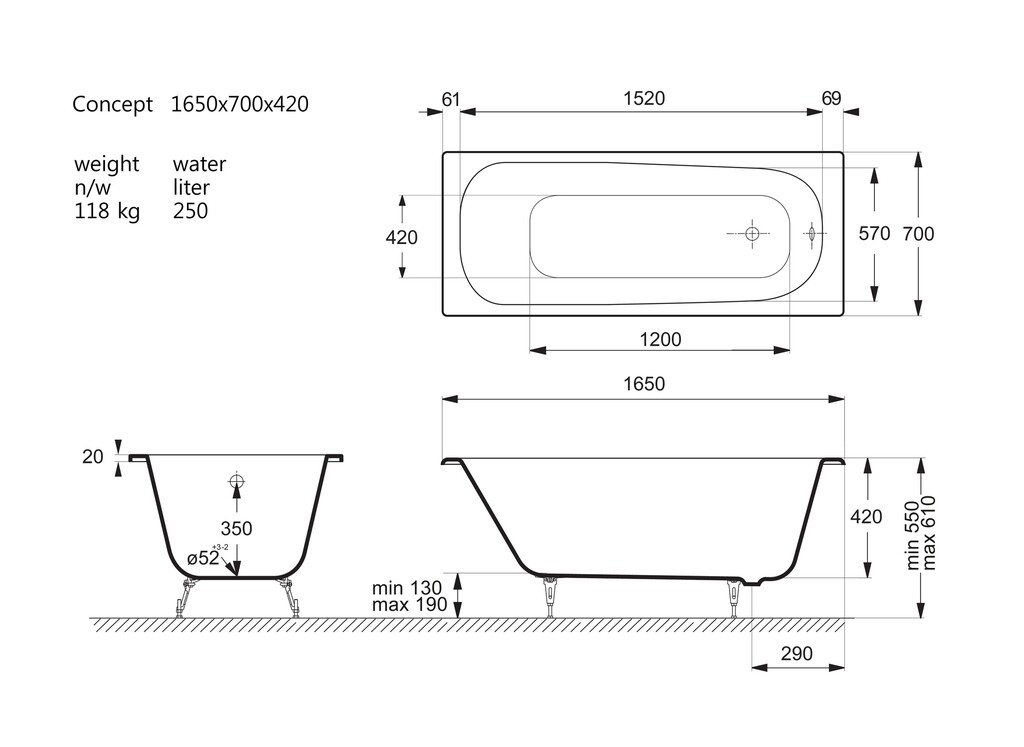 Чугунная ванна Vinsent Veron Concept 165x70x42