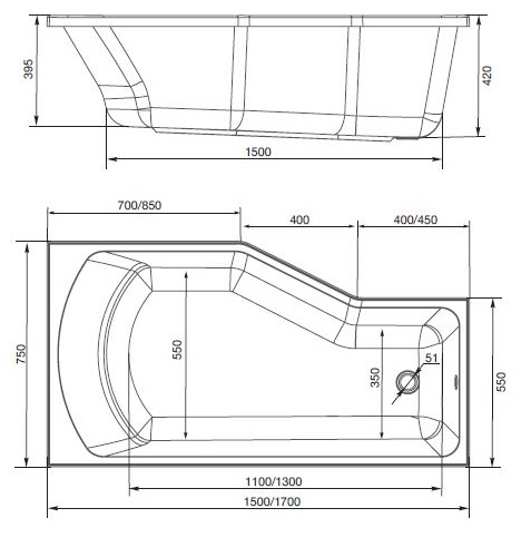 Акриловая ванна 1MarKa Convey 170x75 L