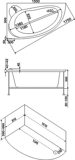 Акриловая ванна Bas Вектра 150x90 L