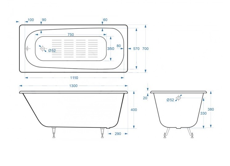 Чугунная ванна Delice Continental 130x70 с ручками а/п