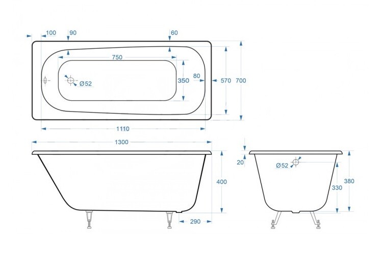 Чугунная ванна Delice Continental 130x70 с ручками