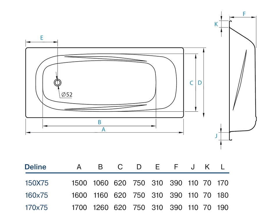 Стальная ванна Koller Pool Deline 170x75 B75US200E