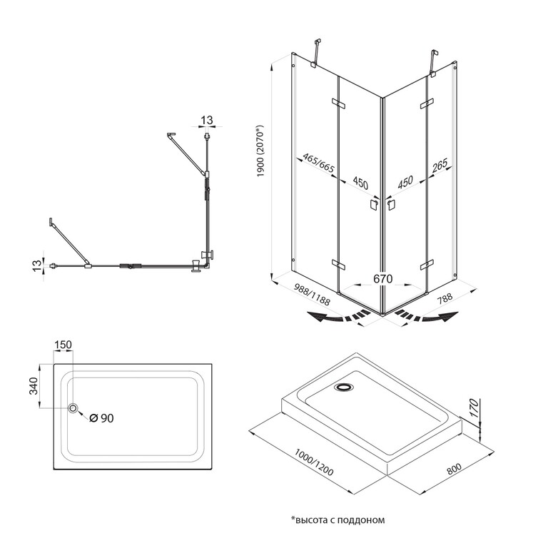 Душевой уголок Triton Дельта хром 100x80