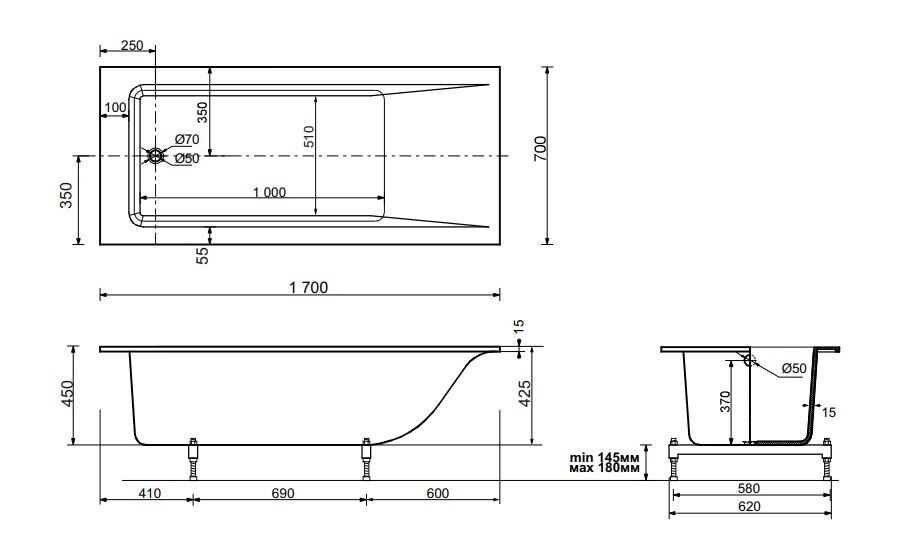 Ванна из искусственного камня Эстет Дельта Slim 170x70
