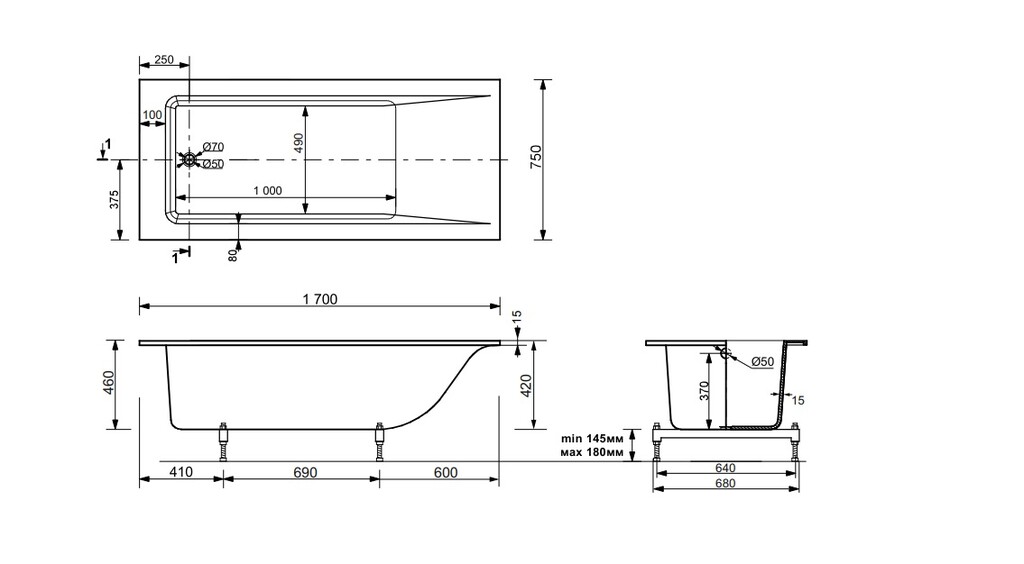 Ванна из искусственного камня Эстет Дельта Slim 170x75
