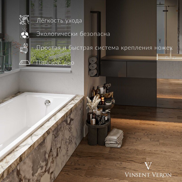 Чугунная ванна Vinsent Veron Devon 180x75x45 с черными матовыми ручками