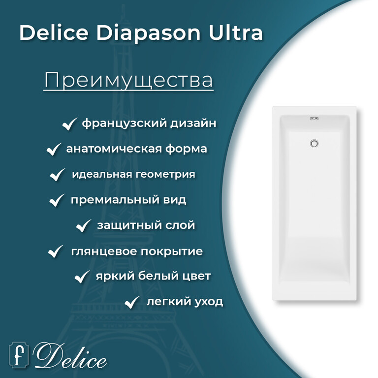 Ванна из искусственного камня Delice Diapason Ultra с узким бортом 180x80 глянцевая DLR330052-G