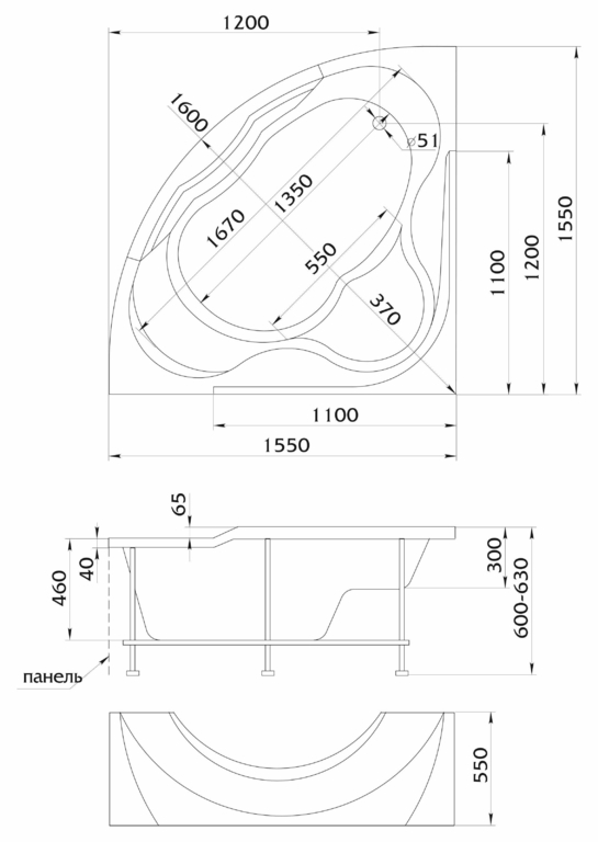 Акриловая ванна 1MarKa Grand Luxe 155x155