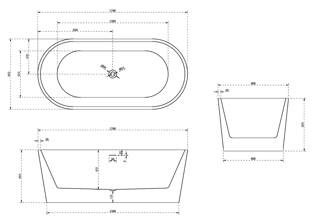 Акриловая ванна Abber AB9209MB 170x80