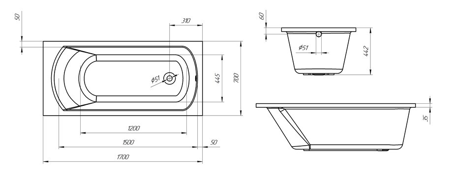 Акриловая ванна Eurolux Miamika 170x70