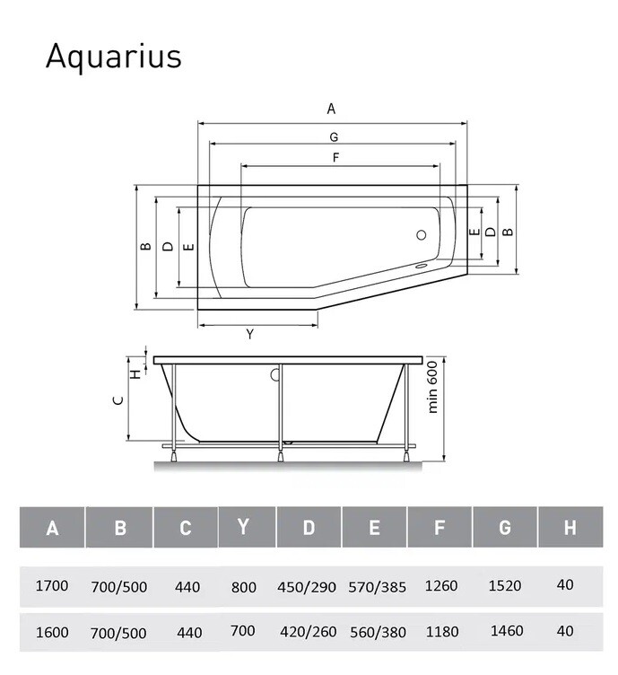 Акриловая ванна Relisan Aquarius L 170x70/50
