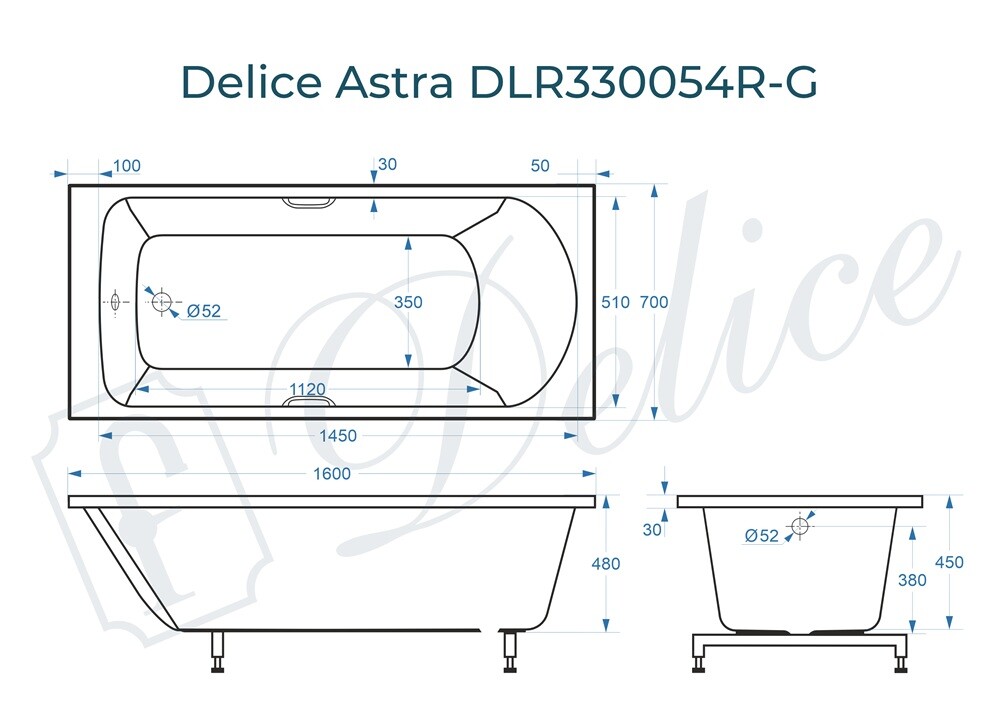 Ванна из искусственного камня Delice Astra 160x70 глянцевая с ручками хром DLR330054R-G