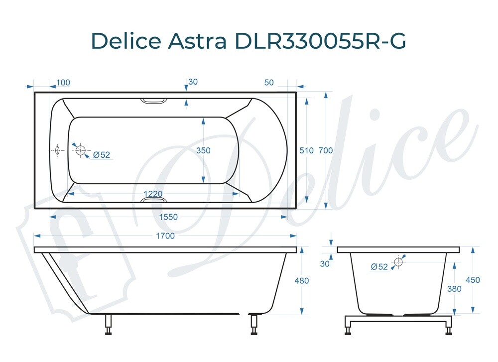 Ванна из искусственного камня Delice Astra 170x70 глянцевая с ручками хром DLR330055R-G