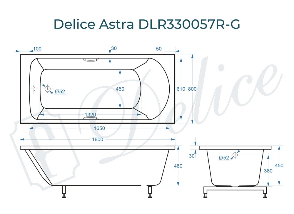 Ванна из искусственного камня Delice Astra 180x80 глянцевая с ручками хром DLR330057R-G