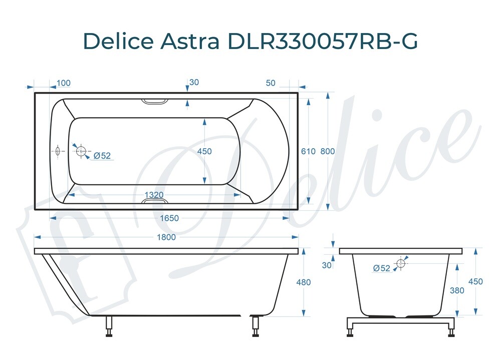 Ванна из искусственного камня Delice Astra 180x80 глянцевая с черными ручками DLR330057RB-G