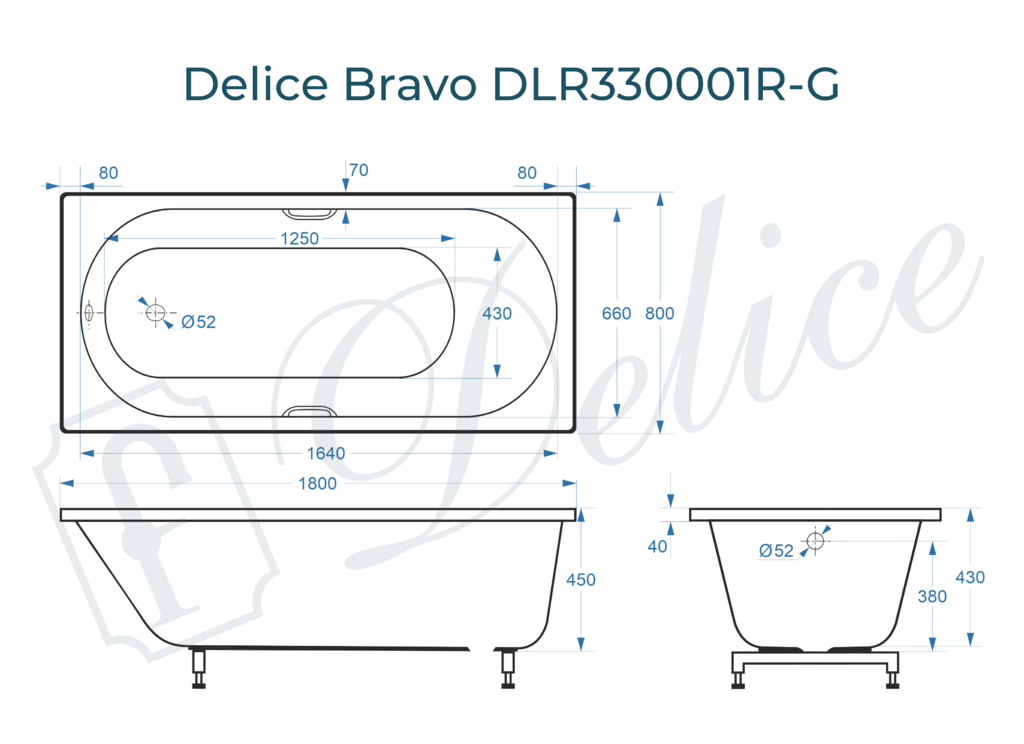 Ванна из искусственного камня Delice Bravo 180x80 глянцевая с ручками хром DLR330001R-G