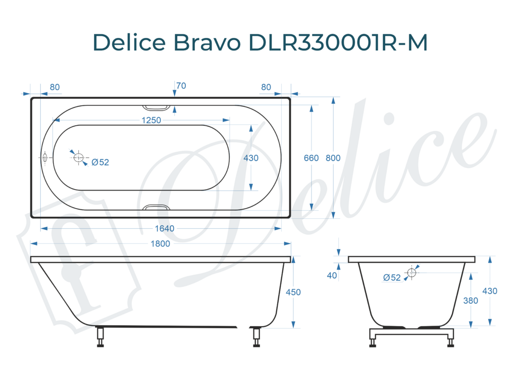 Ванна из искусственного камня Delice Bravo 180x80 матовая с ручками хром DLR330001R-M