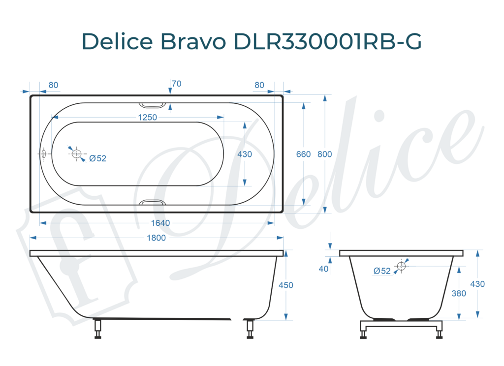 Ванна из искусственного камня Delice Bravo 180x80 глянцевая с черными ручками DLR330001RB-G