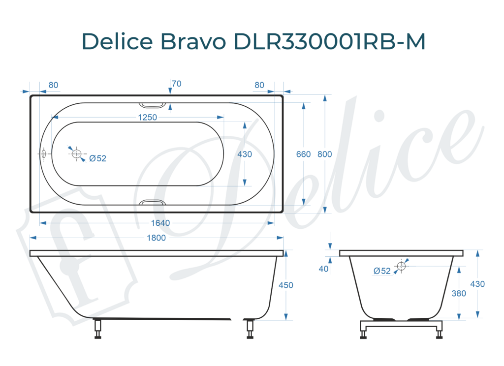 Ванна из искусственного камня Delice Bravo 180x80 матовая с черными ручками DLR330001RB-M