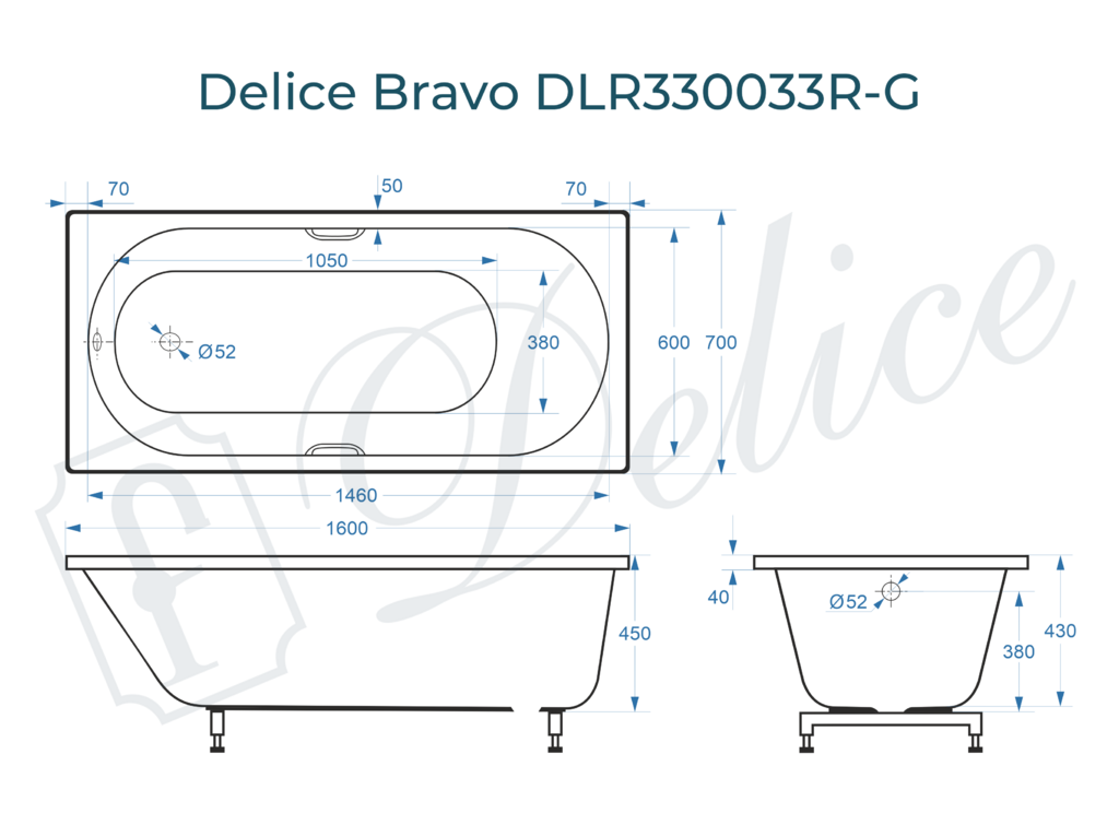 Ванна из искусственного камня Delice Bravo 160x70 глянцевая с ручками хром DLR330033R-G