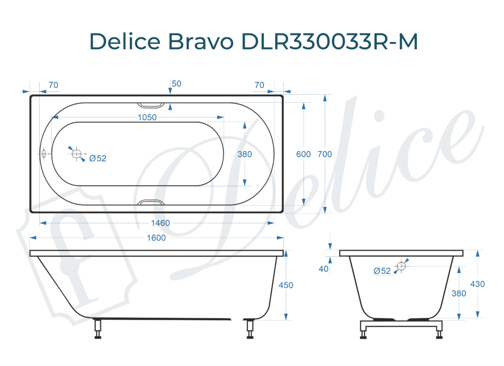 Ванна из искусственного камня Delice Bravo 160x70 матовая с ручками хром DLR330033R-M