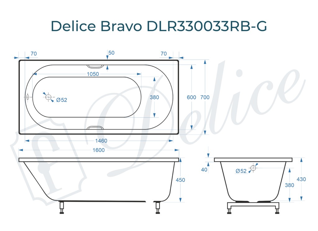 Ванна из искусственного камня Delice Bravo 160x70 глянцевая с черными ручками DLR330033RB-G