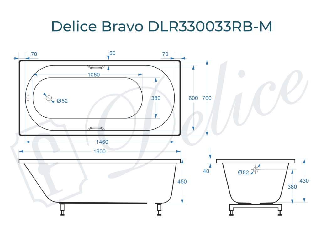 Ванна из искусственного камня Delice Bravo 160x70 матовая с черными ручками DLR330033RB-M