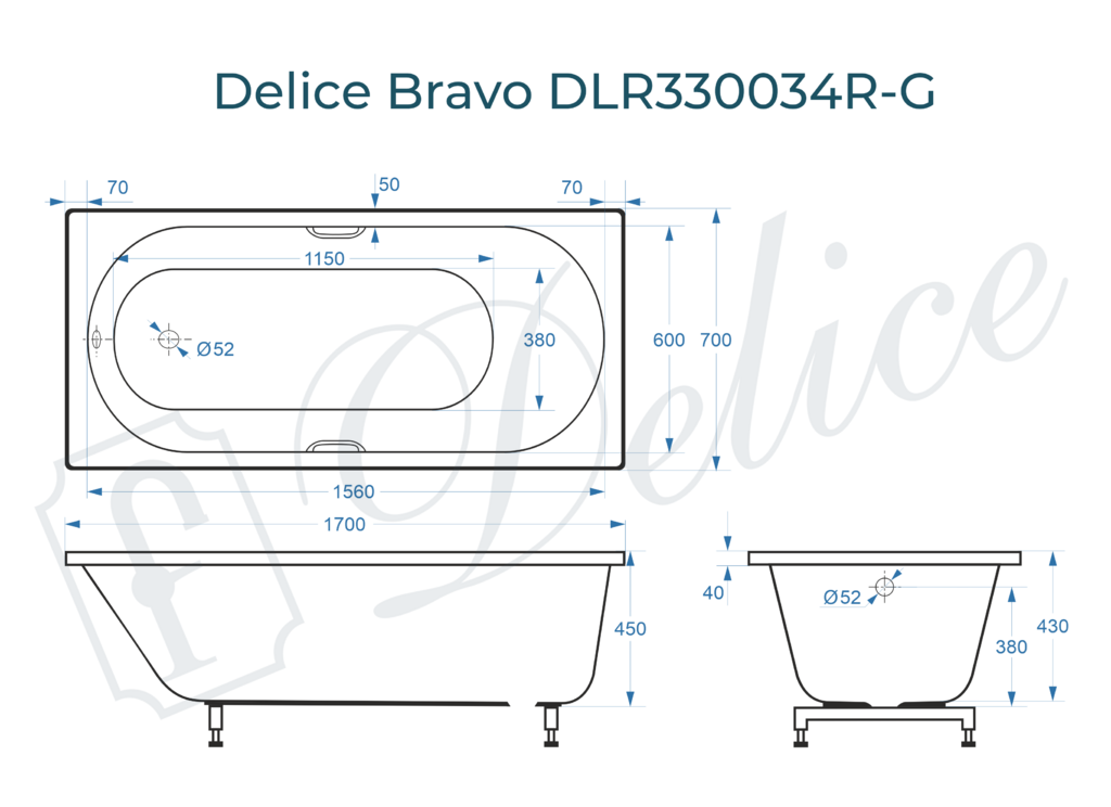 Ванна из искусственного камня Delice Bravo 170x70 глянцевая с ручками хром DLR330034R-G