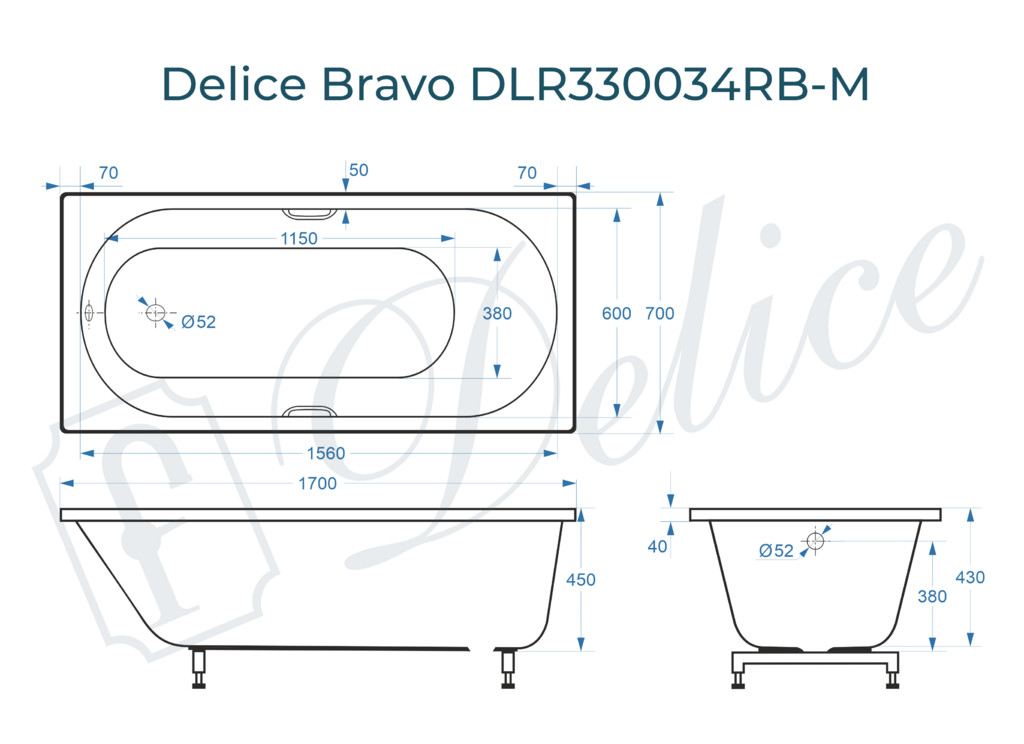 Ванна из искусственного камня Delice Bravo 170x70 матовая с черными ручками DLR330034RB-M