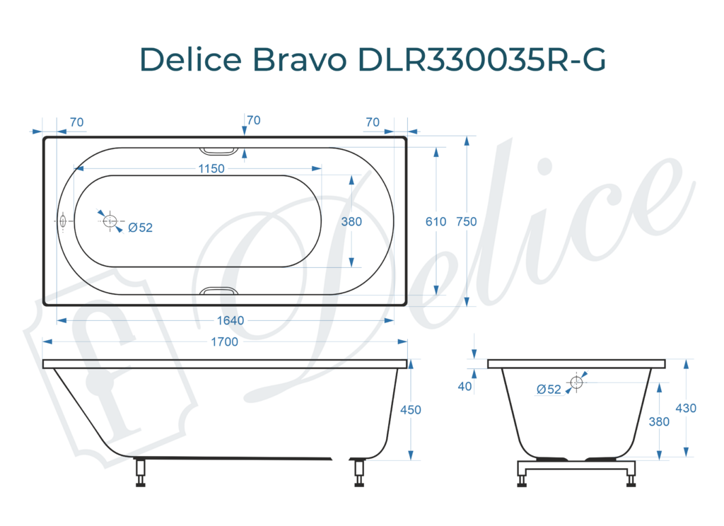Ванна из искусственного камня Delice Bravo 170x75 глянцевая с ручками хром DLR330035R-G