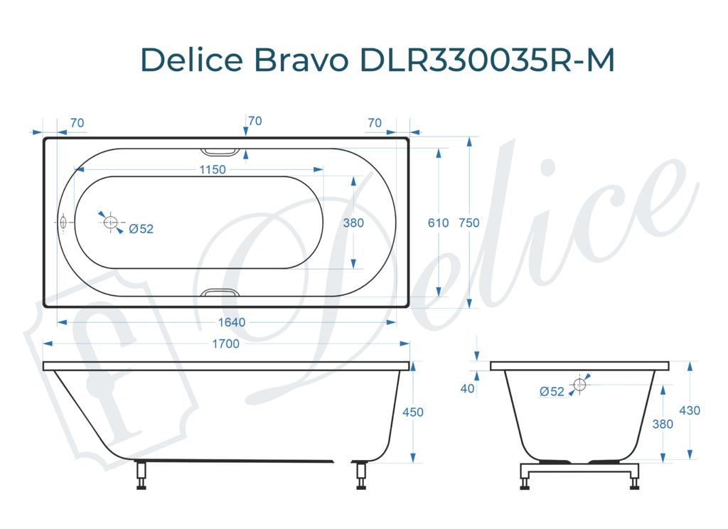 Ванна из искусственного камня Delice Bravo 170x75 матовая с ручками хром DLR330035R-M