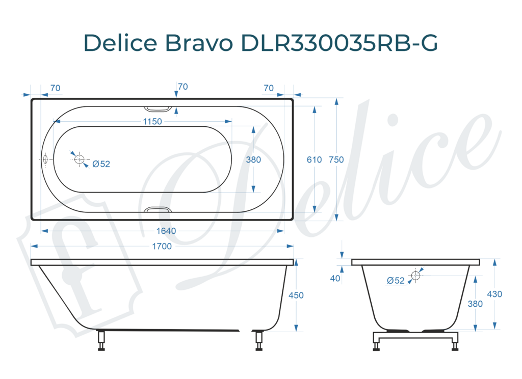 Ванна из искусственного камня Delice Bravo 170x75 глянцевая с черными ручками DLR330035RB-G